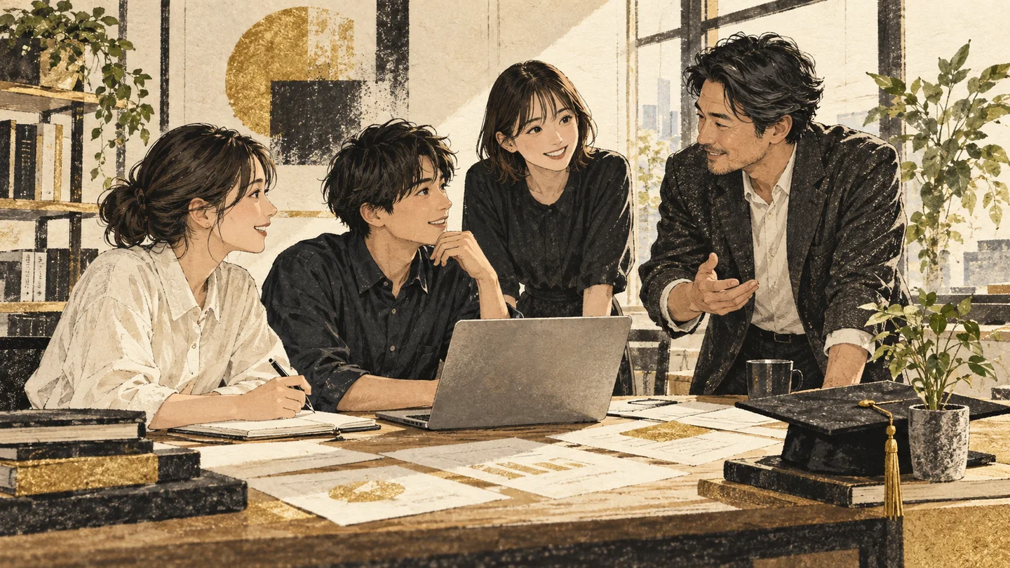 小さな会社で若手社員と先輩が協力する人材定着のイメージ
